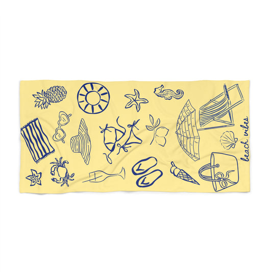 Beach Towel - Yellow "Beach Vibes" Nautical Sketches | Summer Pool & Travel Towel