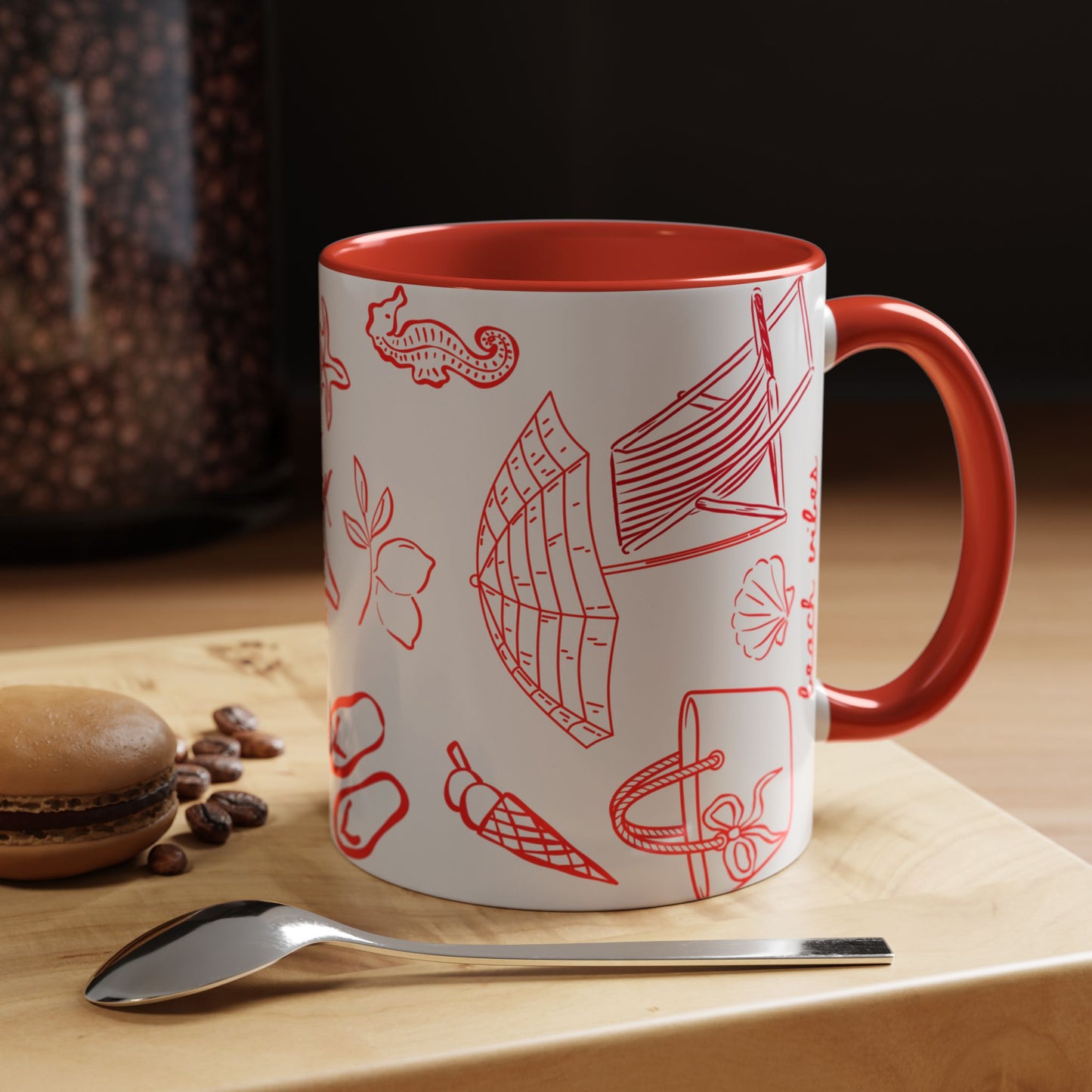 Beach Icons Accent Coffee Mug – Red Hand-Drawn Summer Seashells & Flip-Flops (11/15 oz)