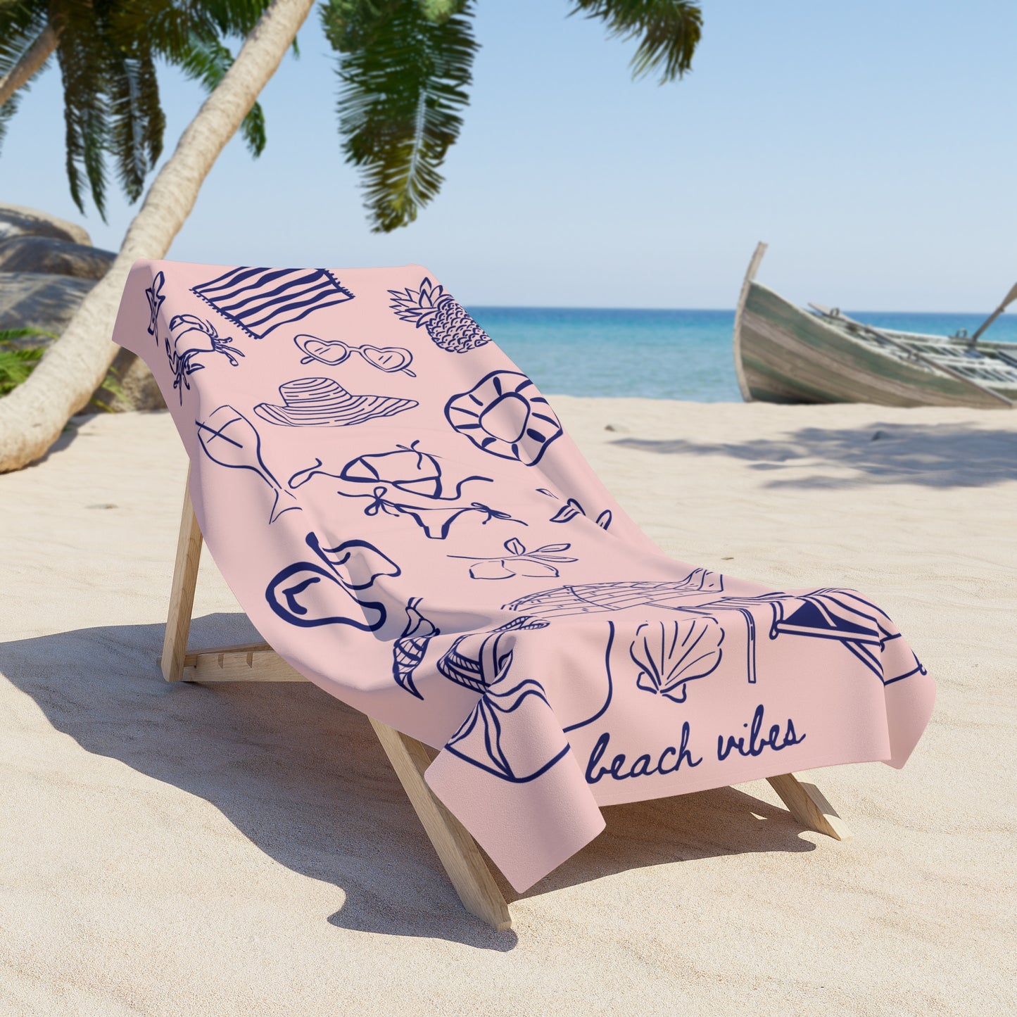 Pink Doodle Beach Towel — Summer Icons Print (flip-flops, umbrella, starfish)