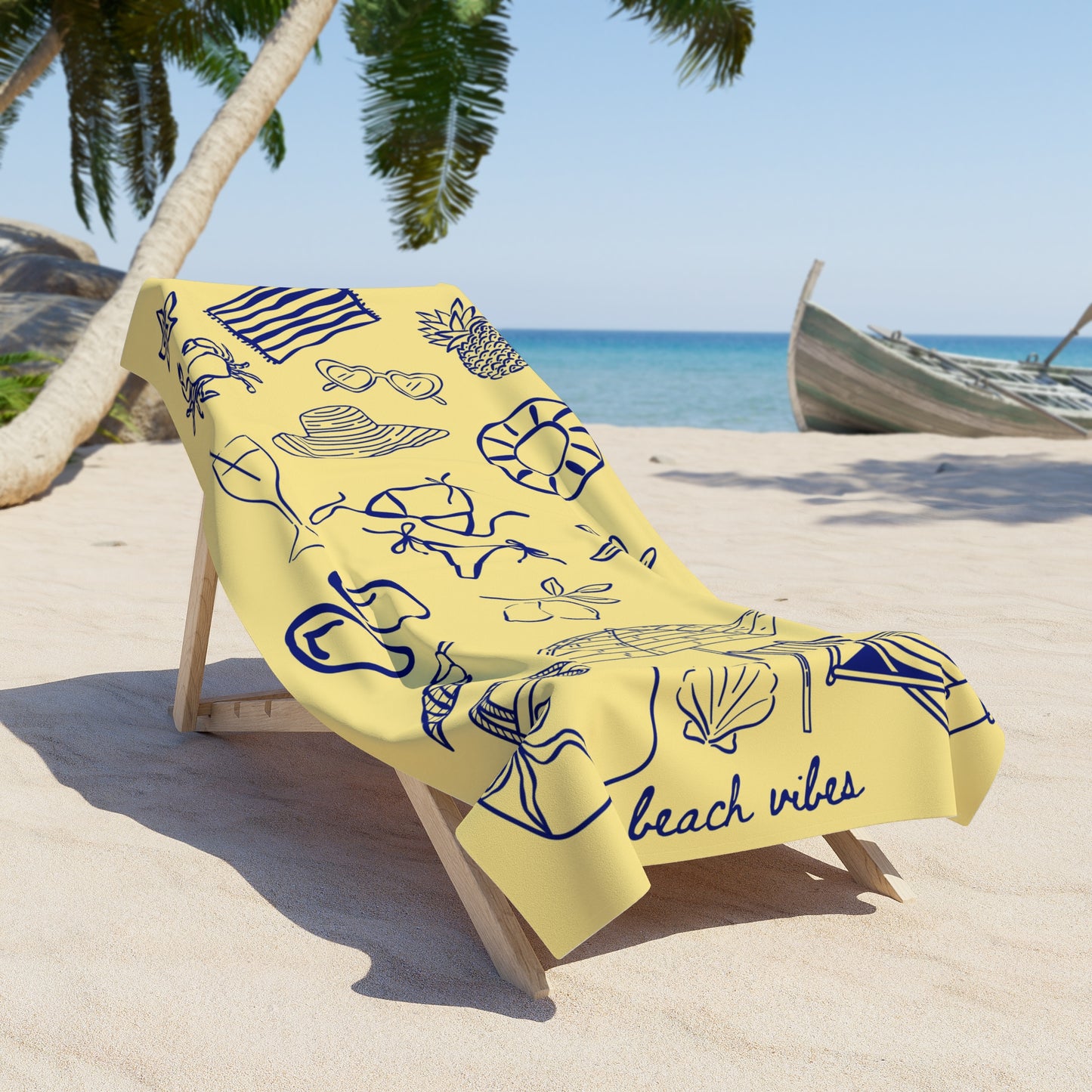 Beach Towel - Yellow "Beach Vibes" Nautical Sketches | Summer Pool & Travel Towel