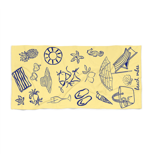 Beach Towel - Yellow "Beach Vibes" Nautical Sketches | Summer Pool & Travel Towel