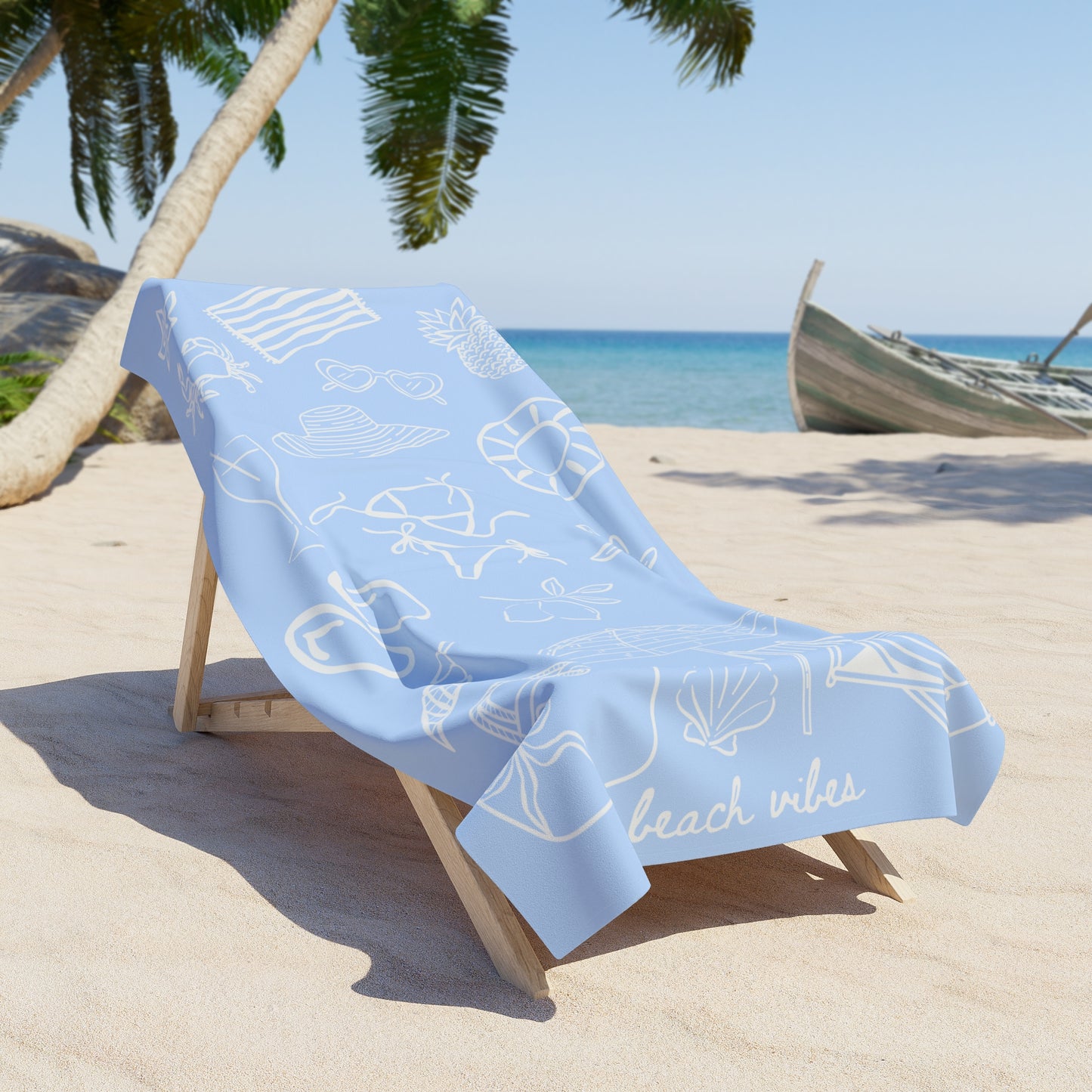 Beach Towel — Light Blue Nautical Doodle Pattern (includes 'beach vibes')