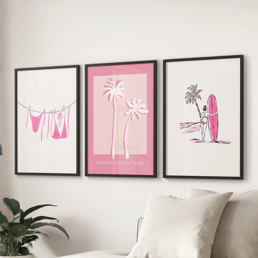 Beach House 3 Piece Girly Wall Art: Pink Palm, Surfer Prints