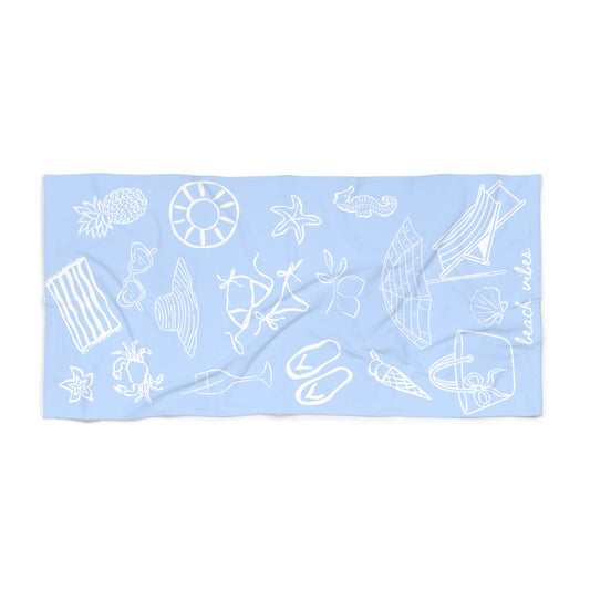 Beach Towel — Light Blue Nautical Doodle Pattern (includes 'beach vibes')