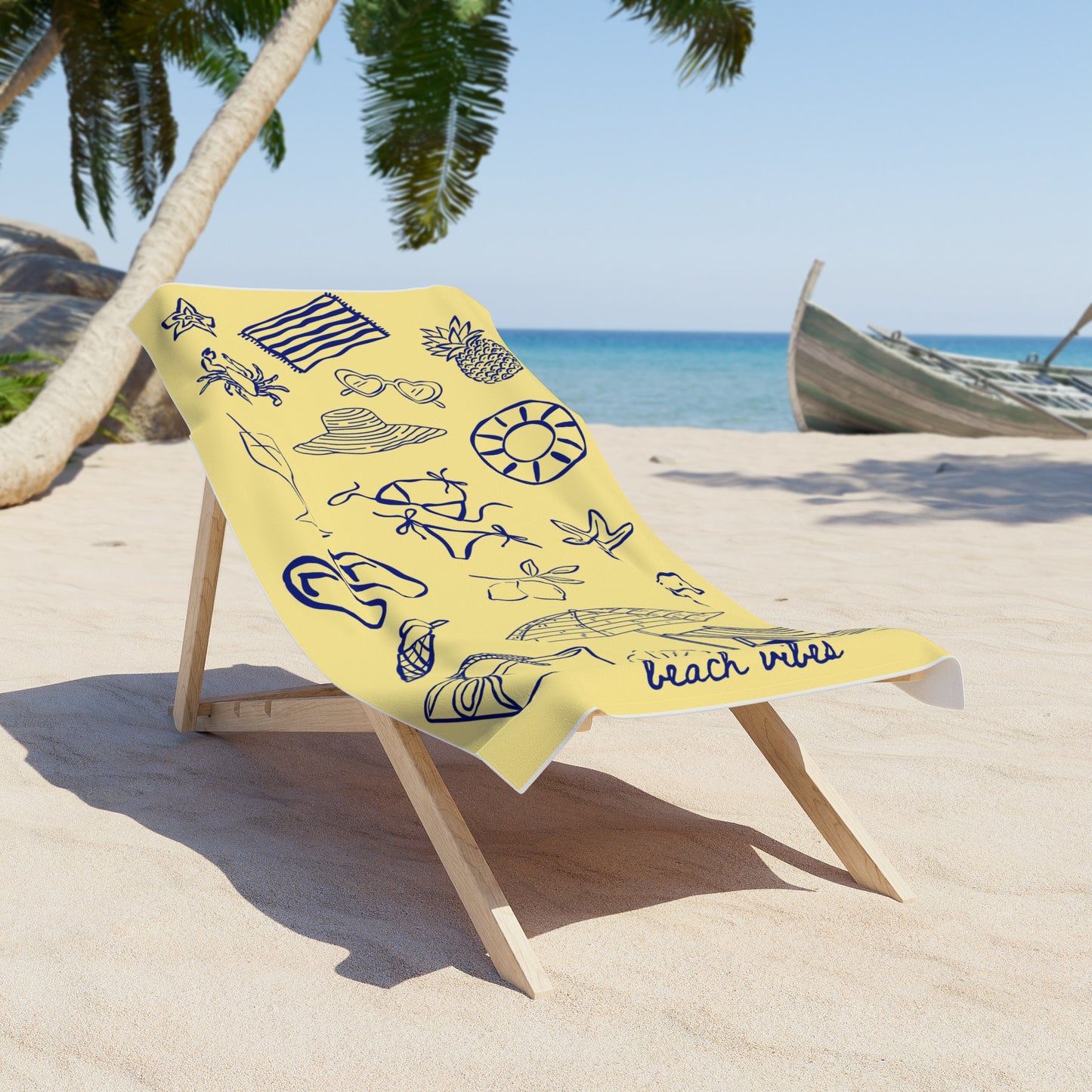 Beach Towel - Yellow "Beach Vibes" Nautical Sketches | Summer Pool & Travel Towel