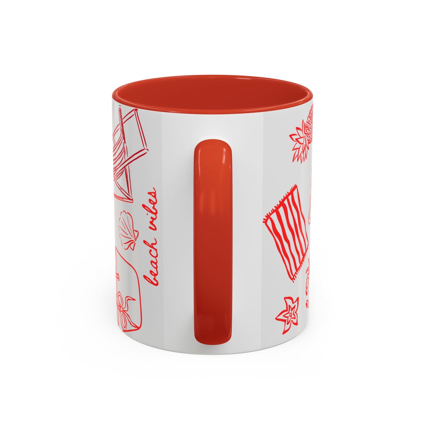 Beach Icons Accent Coffee Mug – Red Hand-Drawn Summer Seashells & Flip-Flops (11/15 oz)
