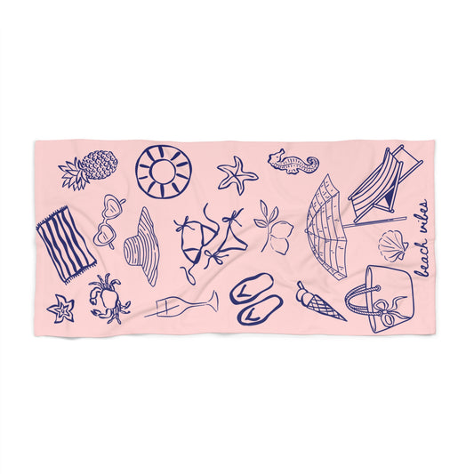 Pink Doodle Beach Towel — Summer Icons Print (flip-flops, umbrella, starfish)