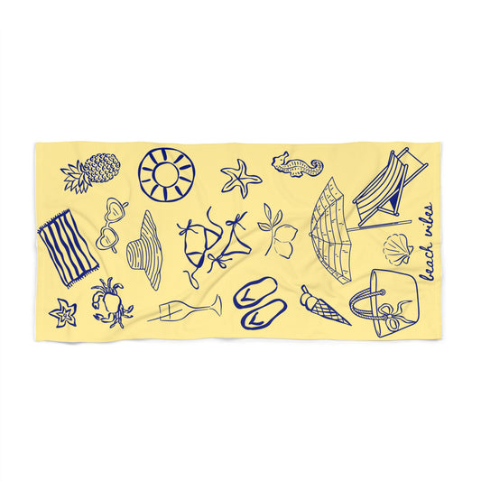 Beach Towel - Yellow "Beach Vibes" Nautical Sketches | Summer Pool & Travel Towel