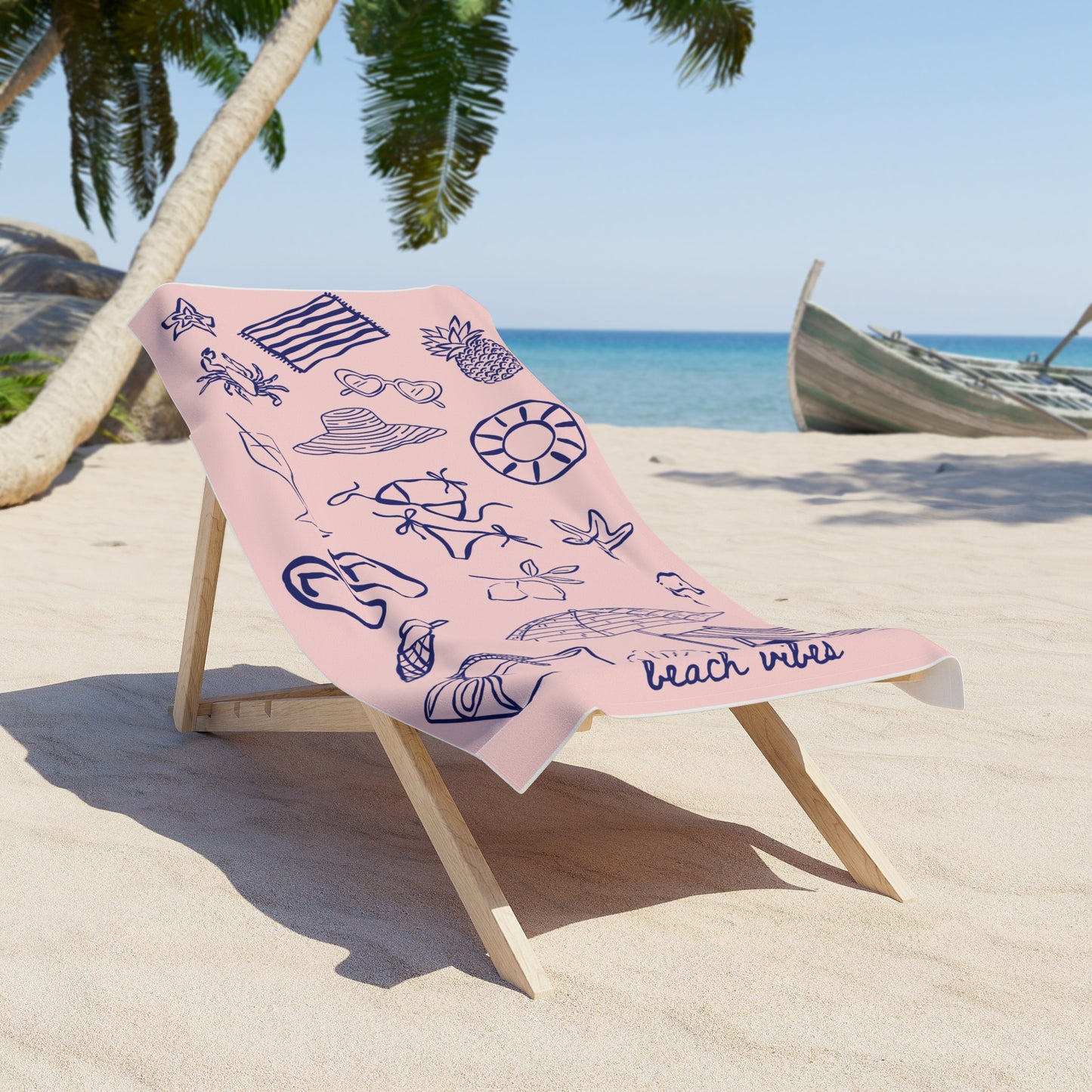 Pink Doodle Beach Towel — Summer Icons Print (flip-flops, umbrella, starfish)
