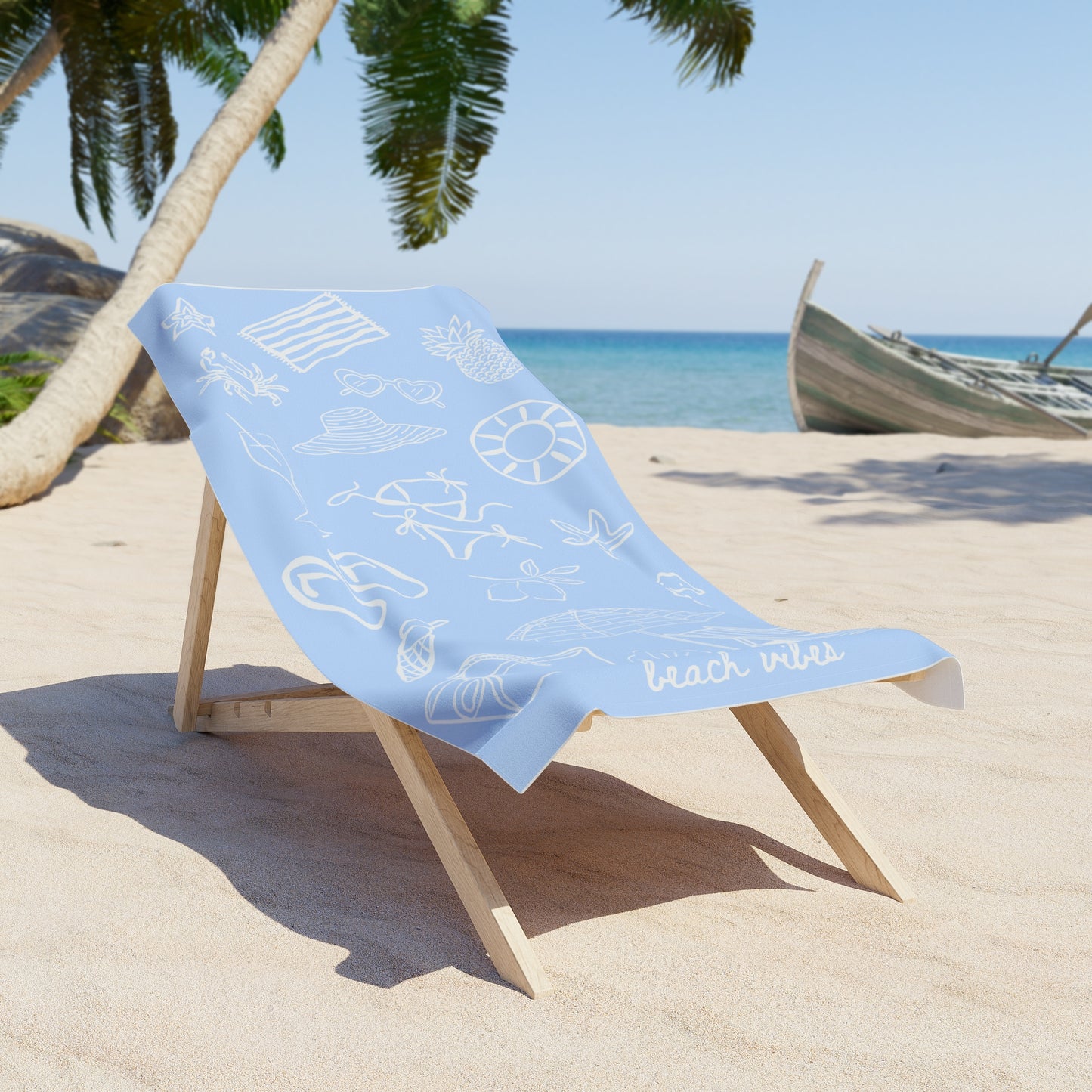 Beach Towel — Light Blue Nautical Doodle Pattern (includes 'beach vibes')