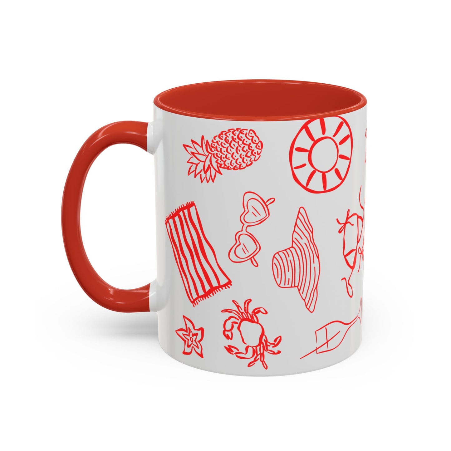 Beach Icons Accent Coffee Mug – Red Hand-Drawn Summer Seashells & Flip-Flops (11/15 oz)