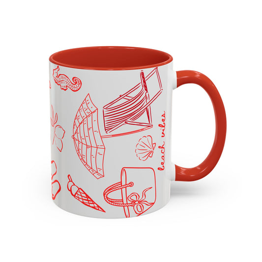 Beach Icons Accent Coffee Mug – Red Hand-Drawn Summer Seashells & Flip-Flops (11/15 oz)