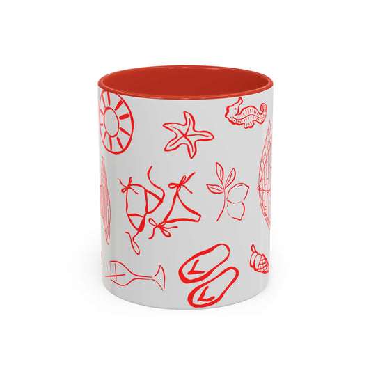 Beach Icons Accent Coffee Mug – Red Hand-Drawn Summer Seashells & Flip-Flops (11/15 oz)