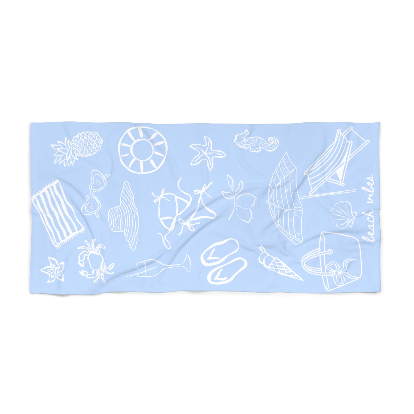Beach Towel — Light Blue Nautical Doodle Pattern (includes 'beach vibes')
