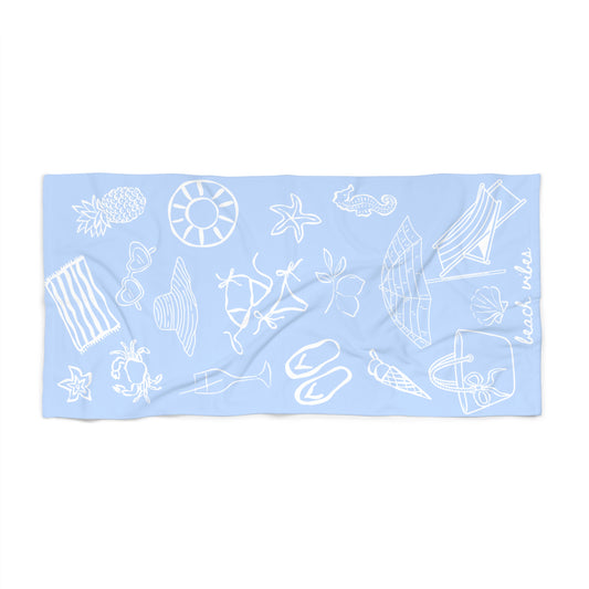 Beach Towel — Light Blue Nautical Doodle Pattern (includes 'beach vibes')